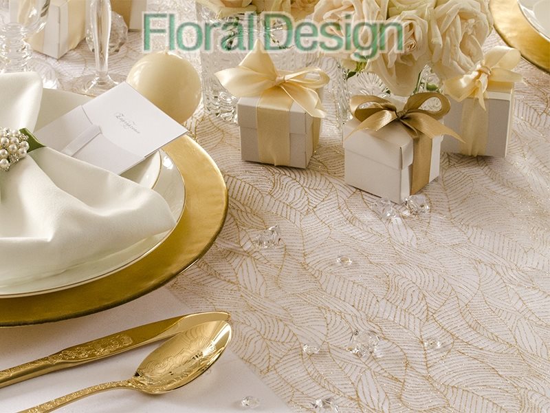 Organza bílá 48cm x 9m zlaté lístky bílá