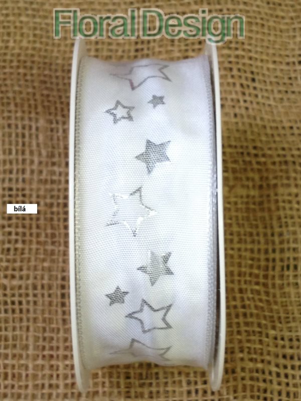 Stuha hvězdičky s drátkem 40mm x 20m bílá / stříbrná